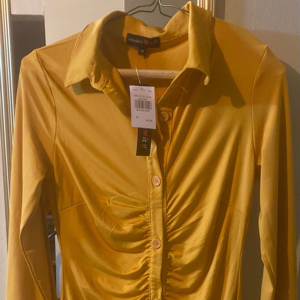 Sexy Yellow Long Sleeved Button Up Dress